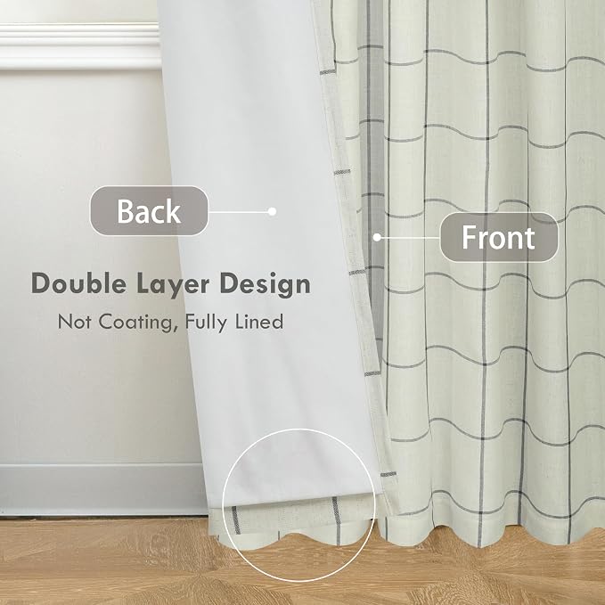 DriftAway 100% Blackout Plaid Linen Curtains 102 Inches Long 2 Panels Black | 100% Blackout, Linen Texture, Plaid Pattern, Two Layers, Rod Pocket & Back Tab, Bedroom Living Room Use, Luxury Appearance