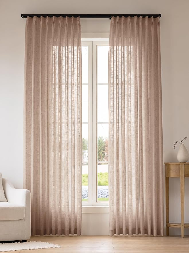 THREE GIRLS Pinch Pleated Linen Curtains 84 Inch Length 2 Panels, Light Filtering Linen Blend Drapes 40" W x 84" L, Natural Tapioca Neutral Curtains for Living Room Bedroom with Hooks