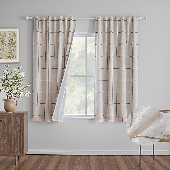 MYSKY HOME 100% Blackout Brown Plaid Linen Curtains 72 Inches Length Double Layer Farmhouse Thermal Insulated Striped Print Drapes with Rod Pocket Back Tab for Bedroom Living Room, 2 Pcs, 52" Wide