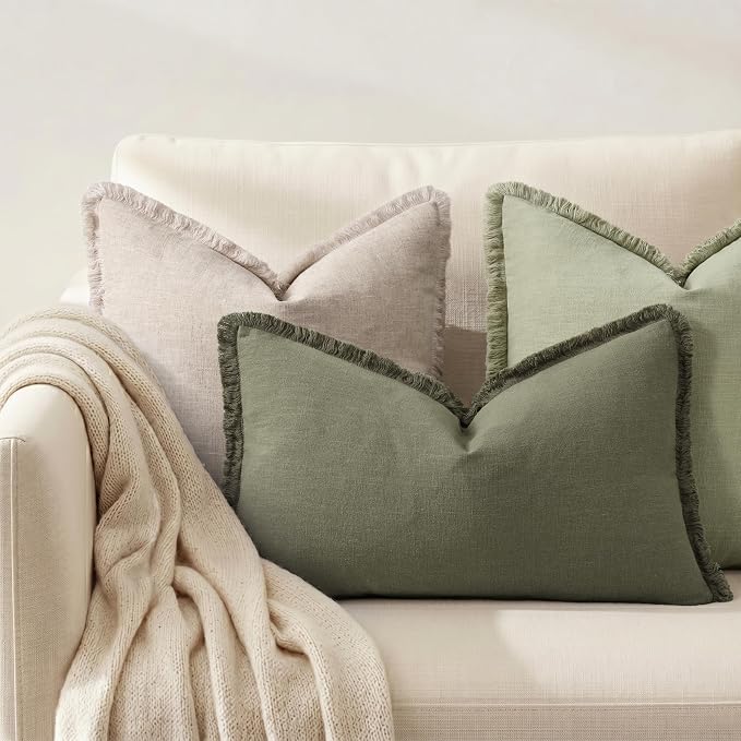 decorUhome Linen Fringe Olive Green Throw Pillow Covers 12x20 Set of 2 | Decorative Soft Accent Modern Boho Farmhouse Lumbar Cushion Covers with Tassels Cotton Pillow Covers for Couch Bed Sofa
