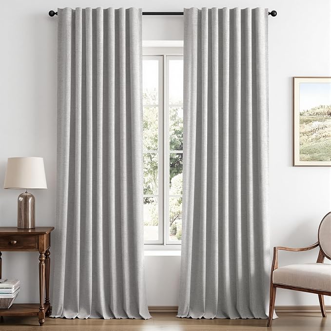 MIULEE 100% Blackout Linen Curtains 42 x 96 Inch Greyish White 2 Panels | Thermal Insulated, Room Darkening Drapes for Bedroom Living Room, Back Tab Rod Pocket Pinch Pleated, Solid Luxury Decor
