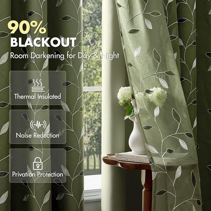 MIULEE Sage Green Double Layer Curtains 96 Inches Long, Leaf Patterned Sheer Floral Drapes and Blackout Room Darkening Window Curtains for Living Room Bedroom, Grommets Top, 52" W x 96" L, 2 Panels