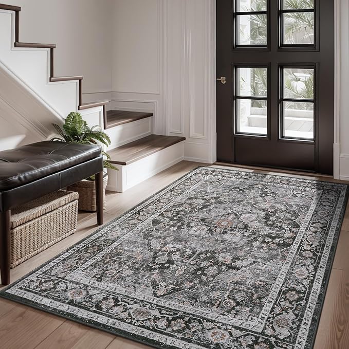 AMOAMI-3X5 Area Rug-Soft Washable Rugs for Living Room Bedroom -Non Slip Entryway Rug-Indoor Vintage Throw Rug Accent Rug for Living Room Laundry Room Kitchen Bathroom Bedside Dark Grey & Black