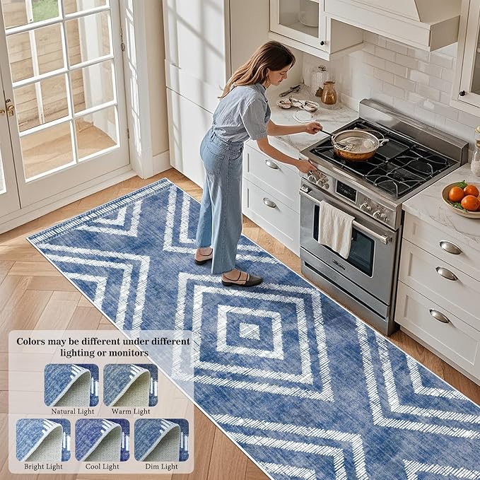 3x10Ft Boho Hallway Runner Rugs Non Slip, Blue Geometric Washable Kitchen Rug Runners, Soft Wide Modern Farmhouse Entryway Floor Carpets for Entrance Doorway Bedroom Home Decor