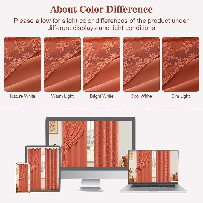 Yinhua Terracotta Curtains for Living Room Double Layer Curtain with Sheer Overlay Farmhouse Blackout Curtains for Bedroom 63 Inch Length, Grommet Drapes with Tiebacks, 2 Panels