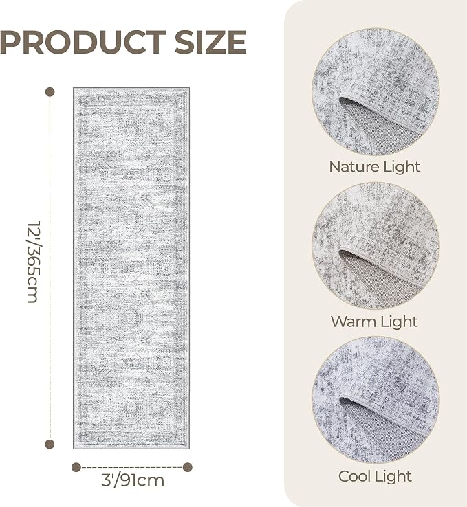 3x12 Runner Rug Non Slip,Washable Hallway Runner Rug,Grey | Carpet Runners for Hallway 12ft,Entryway,Bedroom,Living Room,Thin,Soft, Long Rug,Stain Resistant Indoor Carpet