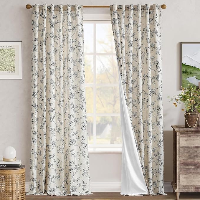 jinchan Black Floral Linen Curtains Lined 96 Inch Vintage Back Tab 2 Panels | Privacy lining, light filtering drapes, cottagecore, french country, farmhouse, bedroom, living room, window treatment