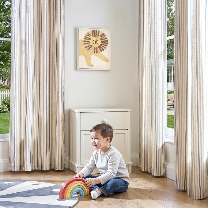 jinchan Linen Curtains 84 inch Blue Stripe for Kids Room Grommet 2 Panels | Kids Curtains for Nursery Living Room Bedroom Baby Boys Room,Cute Colorful Ticking Stripe,Cottagecore Rustic,Light Filtering