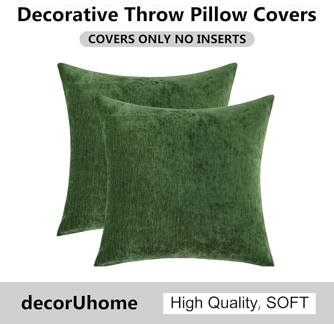 decorUhome Soft Chenille Moss Green Throw Pillow Covers 18X18 Set of 2 | Decorative Fall Couch Pillow Covers Solid Dyed Accent Modern Farmhouse Neutral Square Pillow Cases for Sofa