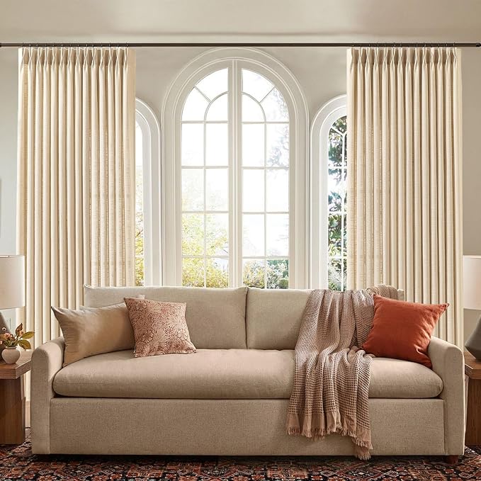 Extra Wide Pinch Pleated Linen Curtains for Living Room Memory Training Semi Sheer Pleat Curtain with Hooks Rings Back Tab Light Filtering Drapes for Sliding Door, 60Wx90L, Sand Beige, 1 Panel