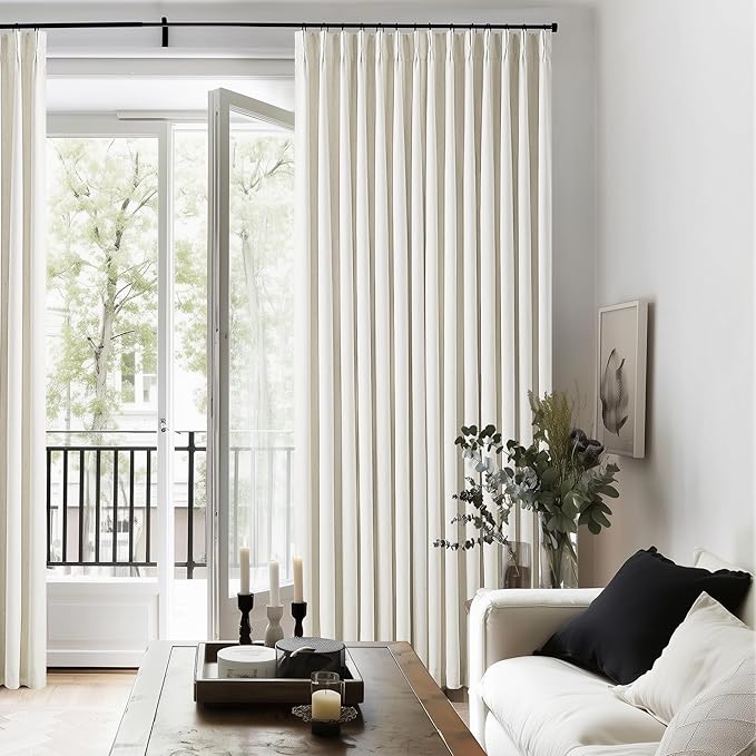 102 Inches Long Pinch Pleated Linen Blackout Curtains for Bedroom Back Tab Track Memory Trained Shape Farmhouse Light Blocking Curtains 102 Inch Length for Living Dining Room Darkening Drapes Cream