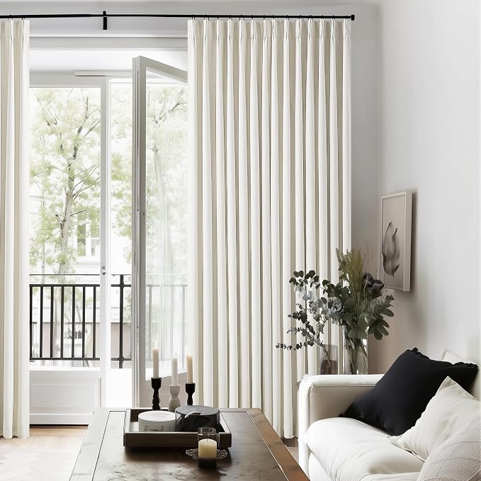 Natural Linen 100% Black Out Curtains 86 Inches Long 2 Panels Set for Bedroom Cream Ivory Pinch Pleated Back Tab Thermal Insulated Energy Efficient Window Curtains Living Room High Ceiling Length