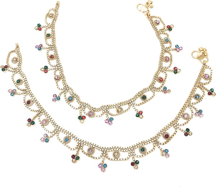 Duel On Jewel Gold Payal Set for Women, Indian Paayal Jhanjar Chain Anklets with Bell Detail, Foot Jewelry Pair, 10 Inch Comfort Fit, Traditional & Dainty Styles for Wedding Beach Everyday Gift