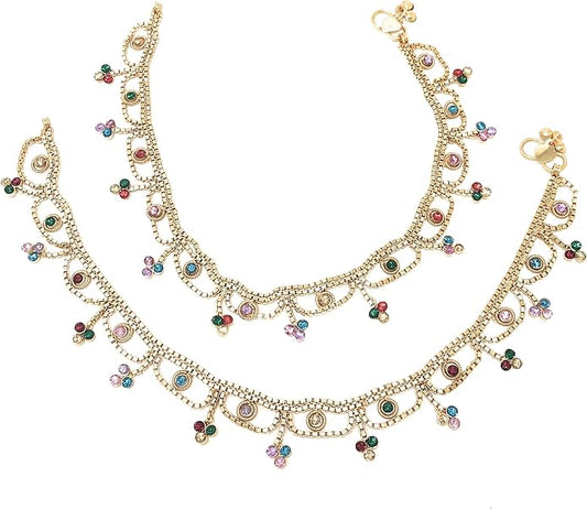 Duel On Jewel Gold Payal Set for Women, Indian Paayal Jhanjar Chain Anklets with Bell Detail, Foot Jewelry Pair, 10 Inch Comfort Fit, Traditional & Dainty Styles for Wedding Beach Everyday Gift