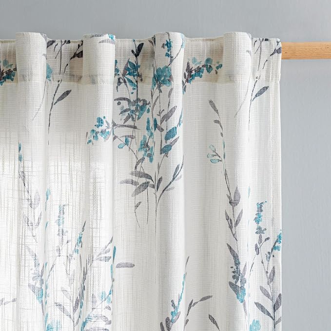 MYSKY HOME Living Room Curtains 108 Inch Long for Windows Linen Sheer Blended Curtains with Floral Printing Privacy Added Light Filtering for Home Decor Farmhouse Style Texture Soft Touch, Teal, 2 Pcs