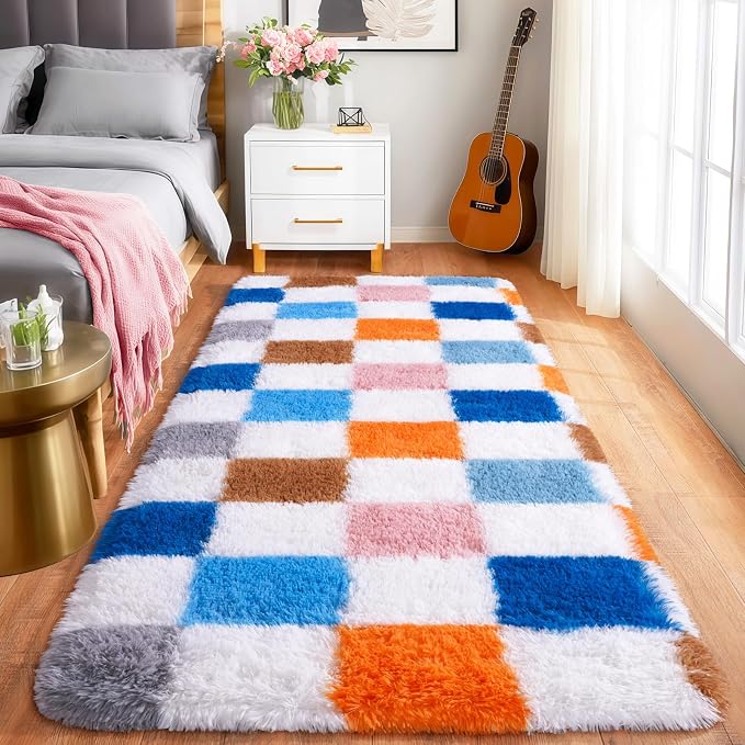 Pionblank Checkered Rug for Bedroom 2x6 Colorful, Modern Fluffy Runner Rugs for Living Room, Super Soft Shaggy Bedside Carpet for Kids Room Nursery Teens Dorm Decor, Rainbow