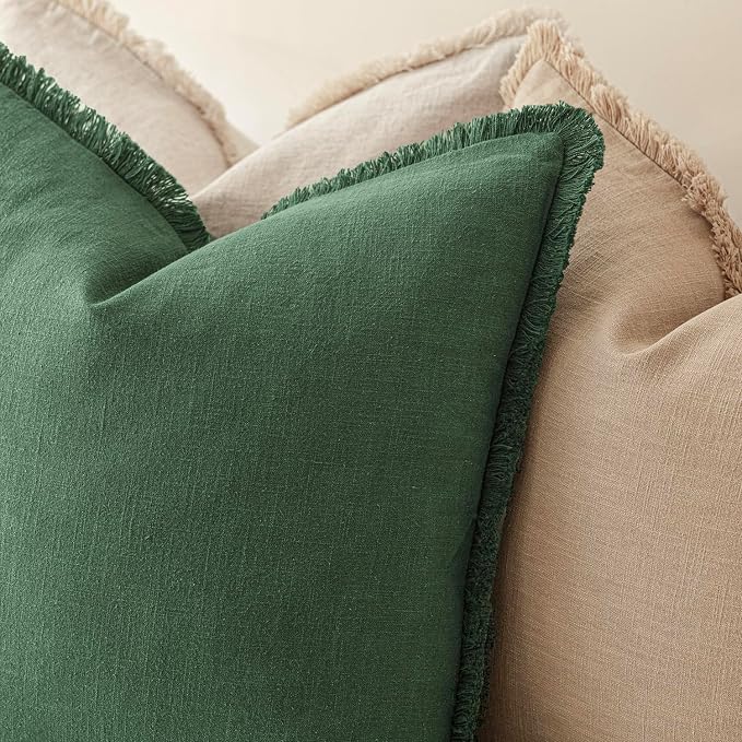 Foindtower Set of 2 Decorative Linen Fringe Throw Pillow Covers Cozy Boho Farmhouse Cushion Cover with Tassels Soft Accent Pillowcase for Couch Sofa Bed Living Room Home Decor, 18×18 Inch, Pine Green