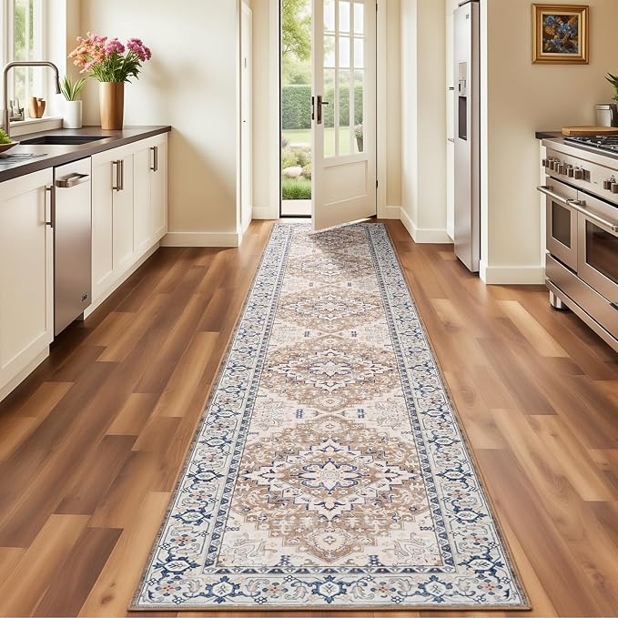 Lofus 2'6"x10' Runner Rug for Hallways, Washable Kitchen Rugs, Non-Slip Rugs for Entryway and Bedroom, Vintage Boho Carpet, Soft Low Pile Long Runner Area Rug, Floral Brown