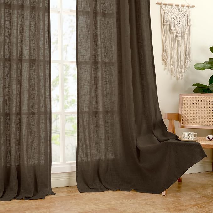 LAMIT Linen Semi Sheer Curtains 48 Inch for Bedroom, Light Filtering Neutral Window Curtains Farmhouse Boho Back Tab and Rod Pocket Panels, Dark Brown, 2 Panels, 52 x 48 Inch