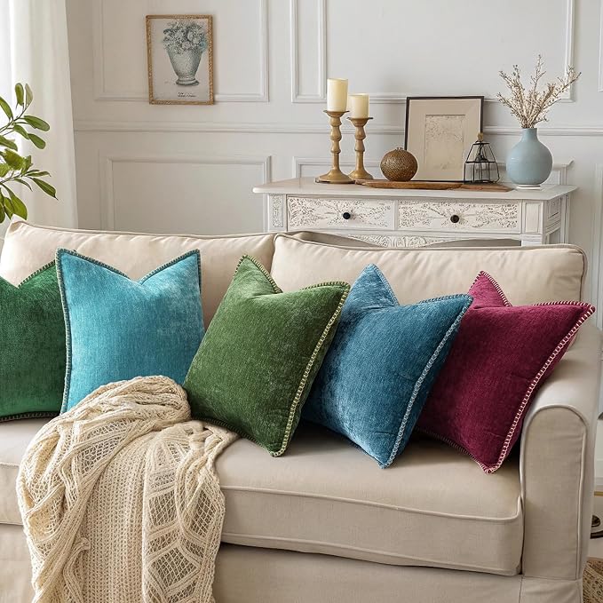 decorUhome Soft Chenille Throw Pillow Covers 24x24 Set of 2 Teal | Fall Textured Decorative Throw Pillow Cases Stitched Edge Modern Farmhouse Luxury Boho Velvet for Couch Sofa Bed Home Decor