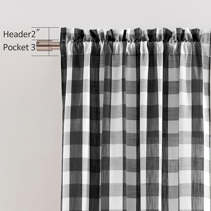 Buffalo Plaid Black White Curtain Panels 84 Inch Rod Pocket | Semi Sheer Drapes,Yarn Dyed Checkered Gingham Geo Fabric,Rustic Window Treatment for Bedroom Living Room,2 Panels,40"Wx84"L