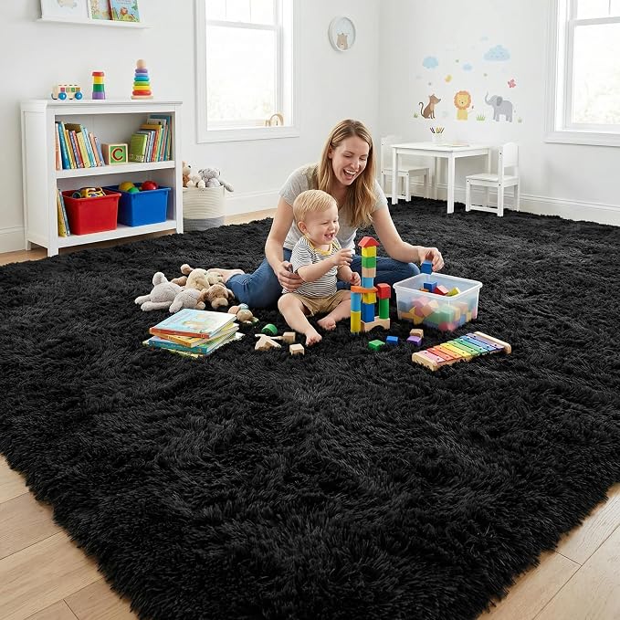 Fluffy Rugs for Living Room: Black Soft Shag Rug for Bedroom, Large Fuzzy Plush Indoor Carpet Non Slip Modern Rug for Nursery Kids Room Dorms Office Home Decor, 9x11 Feet