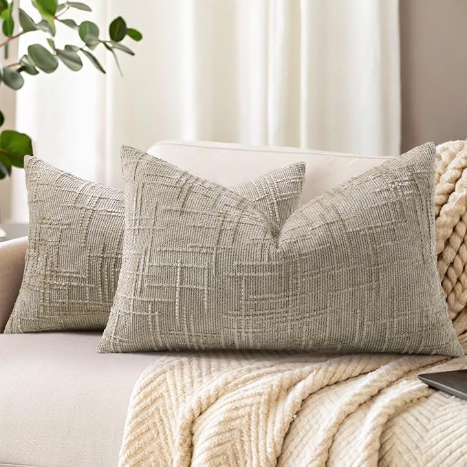 decorUhome Textured Chenille Throw Pillow Covers 12x20 Set of 2 Light Brown | Fall Modern Farmhouse Soft Cozy Slubby Couch Pillow Cases Boho Decorative Pillow Cases for Bed Sofa Living Room Home Decor
