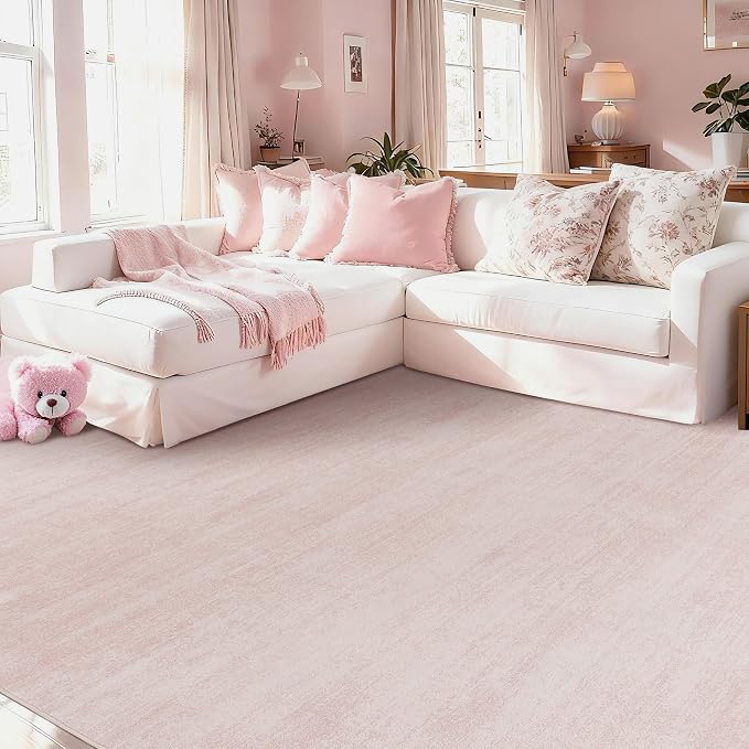 BILEEHOME Large Area Rug for Bedroom Washable Ombre Blush Pink Rugs 9x12 | Abstract Boho Low Pile Carpet, for Living Room Diningroom, with Non Slip Foldable, Rubber Backing, Hardwood Floor Protector