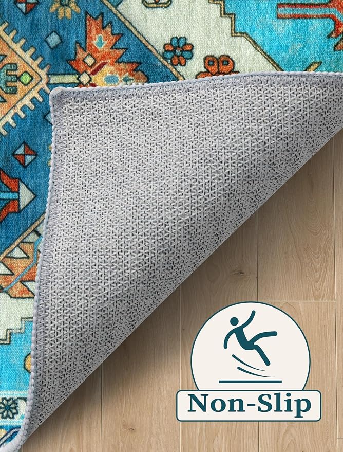 SERISSA Runner Rug for Hallways, 2'6"x18' Washable Non Slip Kitchen Runner Rug, Extra Long Boho Rug Ultra Soft Vintage Blue Print Floor Carpet for Hallway Living Room Dining Room Bedroom