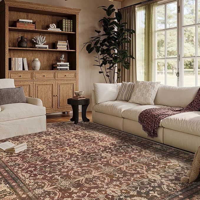 Rugxara Red 6x9 Area Rugs Washable Rug for Living Room Dining Room Bedroom | Non Slip, Oriental Rug for Office Farmhouse Kids Room, Stain Resistant, Soft, Low Pile, Vintage Boho Floral Retro Carpet