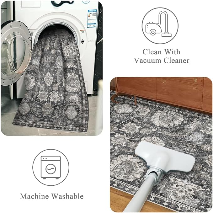 RUGSURE Washable Area Rugs - Perfect for Living Room, Bedroom, Kids Room, Nursery - Stain & Water Resistant Non-Slip, Pet & Child Friendly, Vintage Tribal Area Rugs (Grey, 6' x 9')