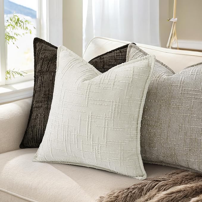 decorUhome Chenille Throw Pillow Covers 16x16 Set of 2,Light Brown | Soft Texture, Slubby Modern Design, Flange Edges, Cozy Accent Pillow Covers for Couch, Sofa, Bed, Living Room