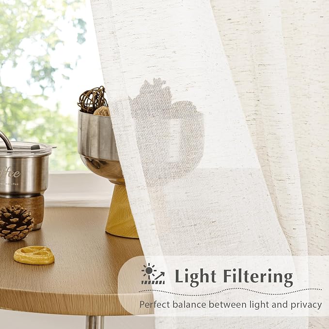 FMFUNCTEX Beige Flax Linen Sheer Curtains 90 Inch Long Rod Pocket 2 Panels | Natural Semi Sheer Window Drapes for Bedroom and Living Room, Farmhouse French Window Curtain Light Filtering Privacy