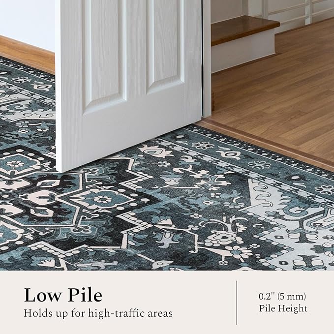 Rugflix 4x6 Area Rugs Machine Washable, Dark Navy Blue Carpet for Living Room, Oriental Indoor Area Rug Low Pile, Large Soft Thick Carpets Non Slip, Farmhouse Vintage Rug for Bedroom Dining Room