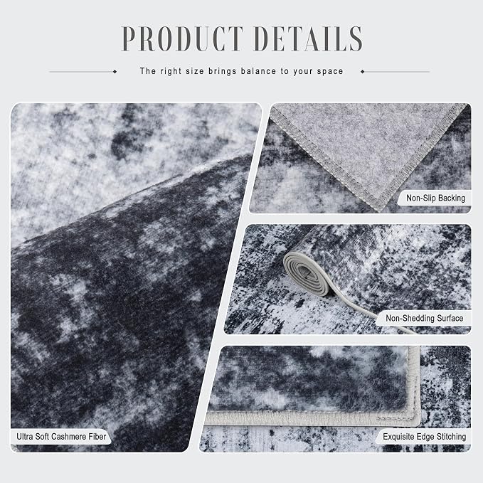 5x7 Area Rug Living Room Rug: Washable Modern Abstract Soft Thin Rug Indoor Floor No Slip Stain Resistant Carpet for Bedroom Dining Room Farmhouse Nursery Home Office - Black