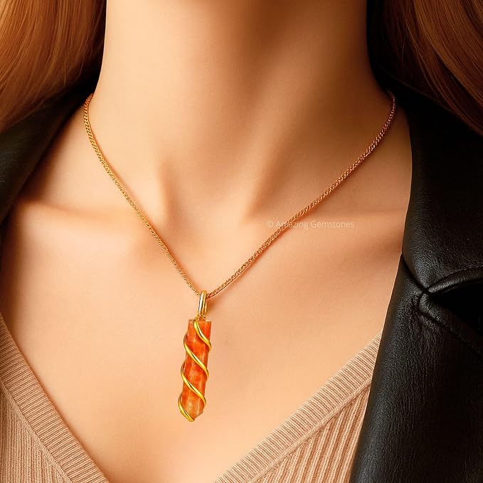 Amazing Gemstone Sunstone Crystal Necklace Pendant For Women, Gold Wire Wrapped Dainty Minimalist Healing Crystal Necklaces For Men Unisex Necklace Jewelry Adjustable Chain & Leather Cord