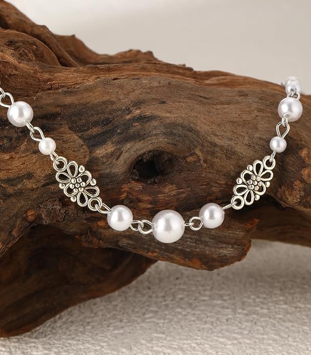 Long Beaded Silver Necklaces for Women Layered Long Statement Necklace with Stone Pearl Beads Double Sweater Chain Costume Jewelry for Women