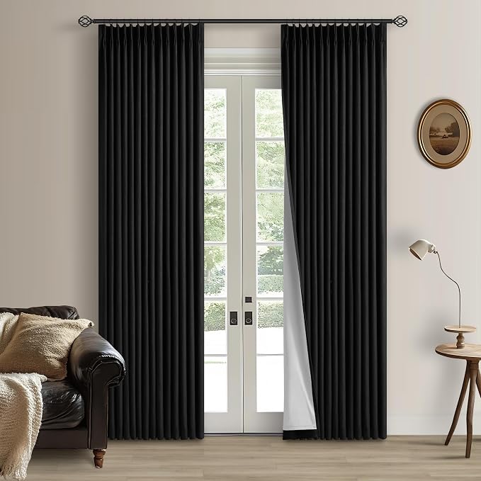 Black Pinch Pleated Full Blackout Linen 80 Inch Window Curtains 2 Panels | 100% Black Out Room Darkening Thermal Insulated, for Living Room Bedroom, Back Tab Pinch Pleat with Hooks Rings, W40xL80