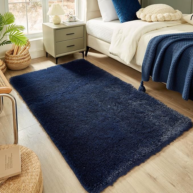 Floralux Area Rugs for Bedroom Living Room, 4x6 Rug, Dark Blue, Fluffy Fuzzy Carpet, Shag Plush Carpets for Nursery Kids Room, Home Dorm Decor Aesthetic