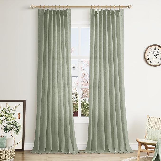 Sage Green Pinch Pleated Semi Sheer Curtains 108 Inches long for Living Room 2 Panels Set Green Linen Pleat Drapes Back Tab Farmhouse Boho Ceiling to Floor 108 Inch Curtains for Bedroom Window 9 FT