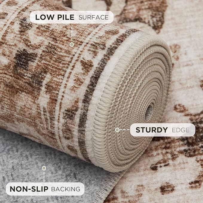 Joydeco 8x10 Area Rugs for Living Room, Non Slip Machine Washable Vintage Rug, Low Pile Chenille Print Rugs for Bedroom, Dining Room, Home Office, Pet & Child Friendly, Beige & Blue & Reddish-Brown