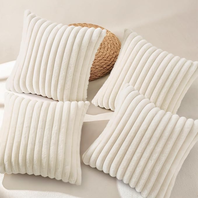 decorUhome Fall Faux Fur Throw Pillow Covers 18x18 Set of 4 Cream White | Decorative Modern Farmhouse Soft Cozy Striped Pillow Cases Velvet Back for Sofa Bed Living Room Classic Accent Home Decor