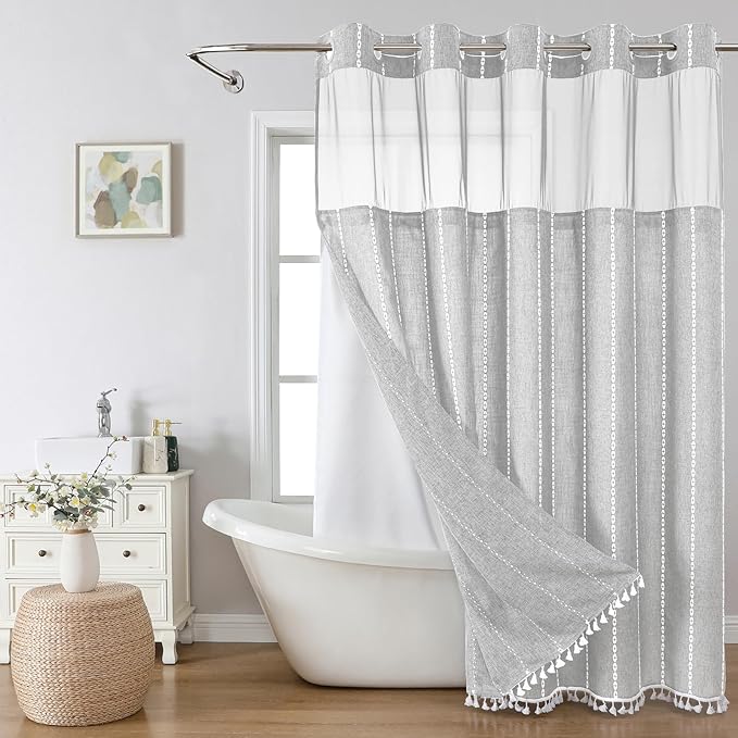 eachope Grey Farmhouse No Hook Shower Curtain Set with Snap-in Fabric Liner,Boho Heavy-Duty Linen Textured Rustic Striped Design,Water-Repellent with Tassels and Sheer Window,Gray,71x74