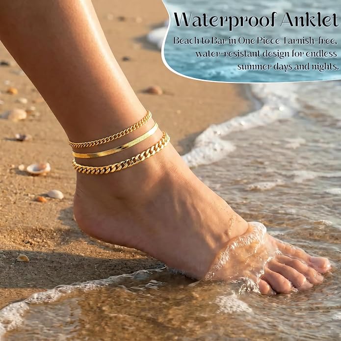 DEARMAY Gold Anklets for Women Waterproof, Non Tarnish14K Gold Plated Ankle Bracelets Set Stack, Summer Beach Jewelry Gifts for Vacation, Bikini Outfits for Women Mom Her
