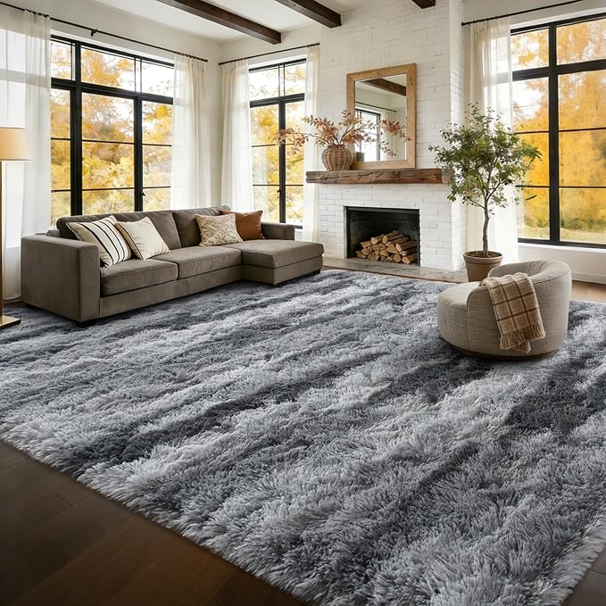 Extra Large 8x10 Area Rugs for Living Room Decor, Non-Slip Shaggy Tie-Dyed Rugs for Bedroom Kids Playroom Dorm Room, High Pile Ultra Soft Carpet, Grey