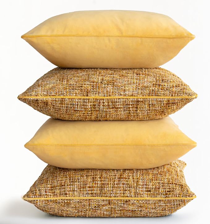 a moment Bright Yellow 4 Pack Throw Pillow Covers - Chenille & Velvet Set with Piping, Farmhouse Textured Design Pillow Cases for Couch Sofa Bed Livingroom (20x20 Inch, No Insert)