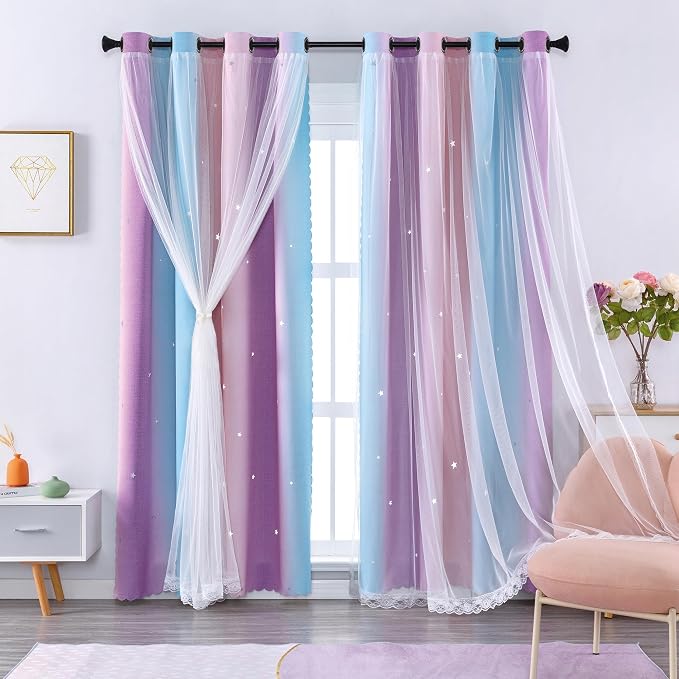 XiDi Girls Blackout Curtains 96 Inches Long for Bedroom, Room Darkening Grommet Window Ombre Curtains 2 Panel Sets, Kids Unicorn Princess Theme Decor Colorful Rainbow Design Pink/Purple/Blue 34x96