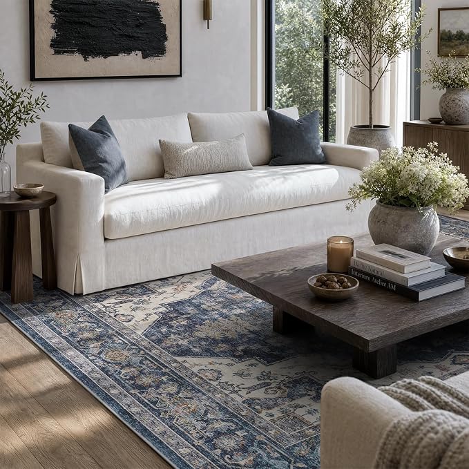 AMOAMI-Area Rug 9X12 Rugs for Living Room-Vintage Soft Blue Rugs for Bedroom-Non Slip Carpet-Washable Rug for Dining Room Living Room Bedroom Office Under Table
