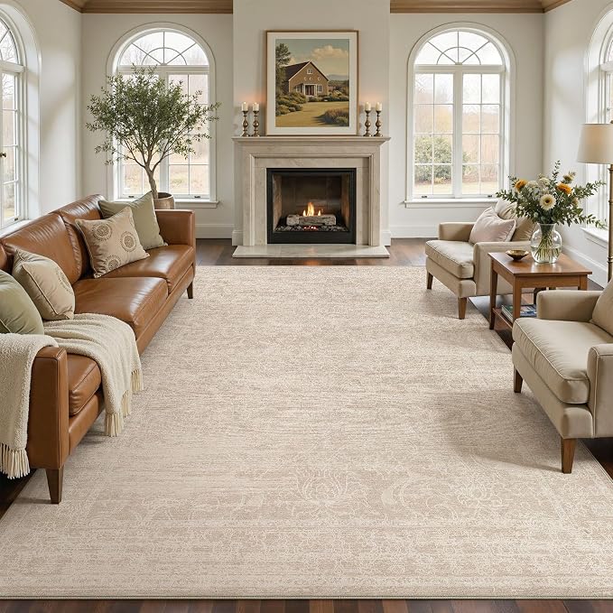 Nakagishi 8X10 Area Rugs Living Room:Washable Large Vintage Rug Neutral Non-Slip Soft Stain Resistant Indoor Carpet for Bedroom Nursery Dining Room Office Playroom