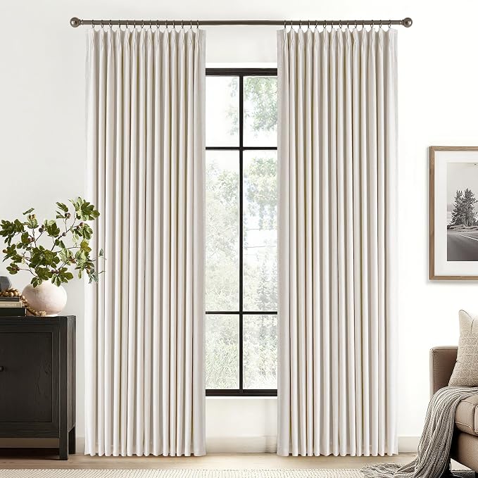 RYB HOME 100% Blackout Pinch Pleated Linen Curtains for Bedroom Living Room, Linen Textured Fabric with Liner Thermal Insulated for Sliding Glass Door, Cream White, 40" W x L102 L, 2 Panels Set